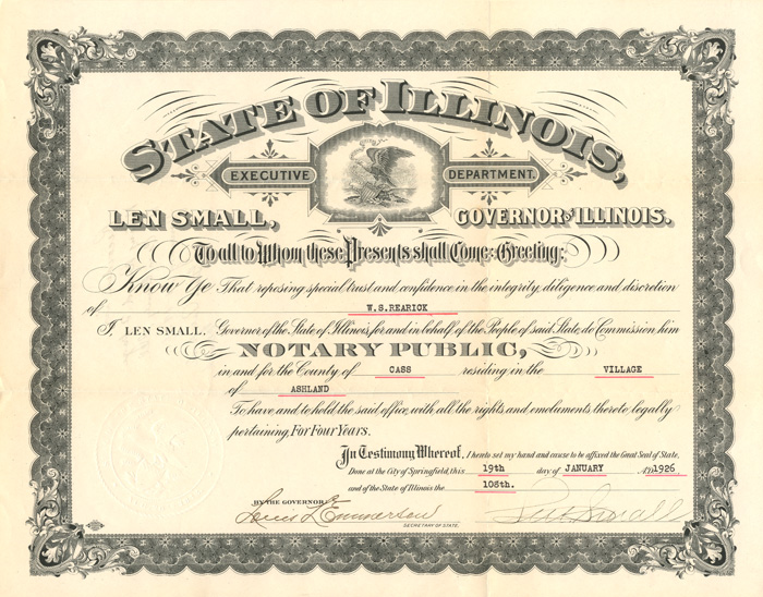 State of Illinois Certificate signed by Louis L. Emmerson and Len Small, Both Illinois Governors